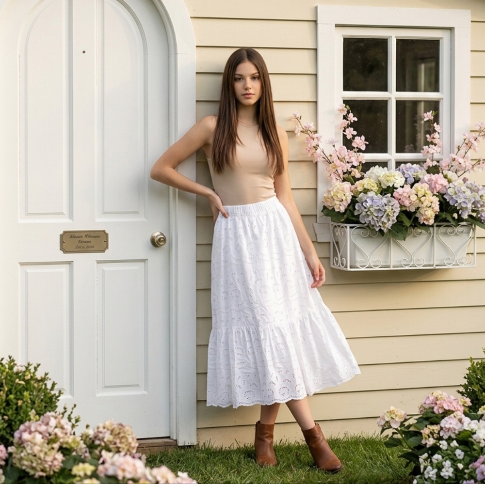 LOFT White Eyelet A-Line Skirt Pull On Long Lined Size Large Boho Beach Resort